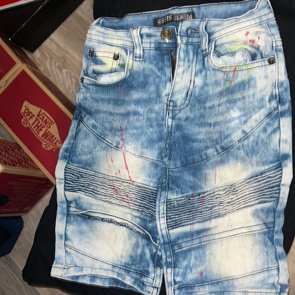 Size 5 Denim Splattered red yellow green white no adjustables snap zipper